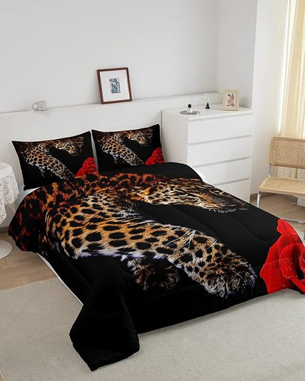 Erosebridal Leopard Comforter Set King Size,Red Rose Cheetah Bedding Set,Cat Leopard Print Down Comforter, Romantic Floral Quilted Duvet, Safari Animal Quilt Set, Stylish Bedroom Decor, Black - LeafyLoom