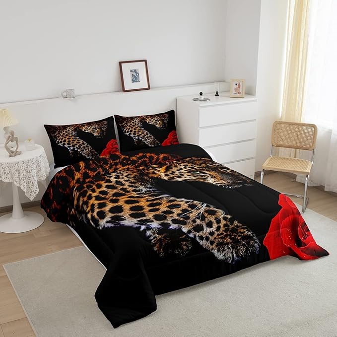 Erosebridal Leopard Comforter Set King Size,Red Rose Cheetah Bedding Set,Cat Leopard Print Down Comforter, Romantic Floral Quilted Duvet, Safari Animal Quilt Set, Stylish Bedroom Decor, Black - LeafyLoom