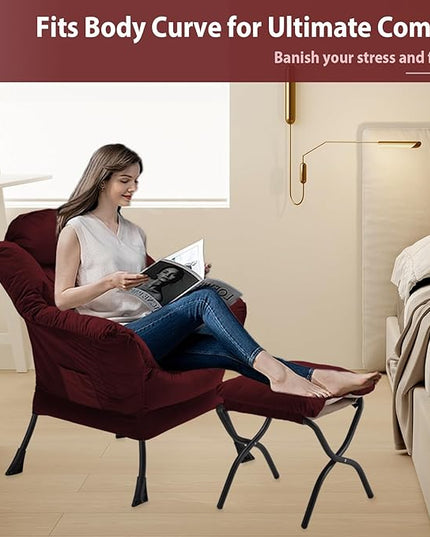 Lazy Chair with Folding Ottoman, Accent Chair Velvet Upholstered with Metal Structure and Non-Slip Pads, Sofa Armchair with Footrest and Side Storage Bag for Dorm, Room, Office, Burgundy - LeafyLoom