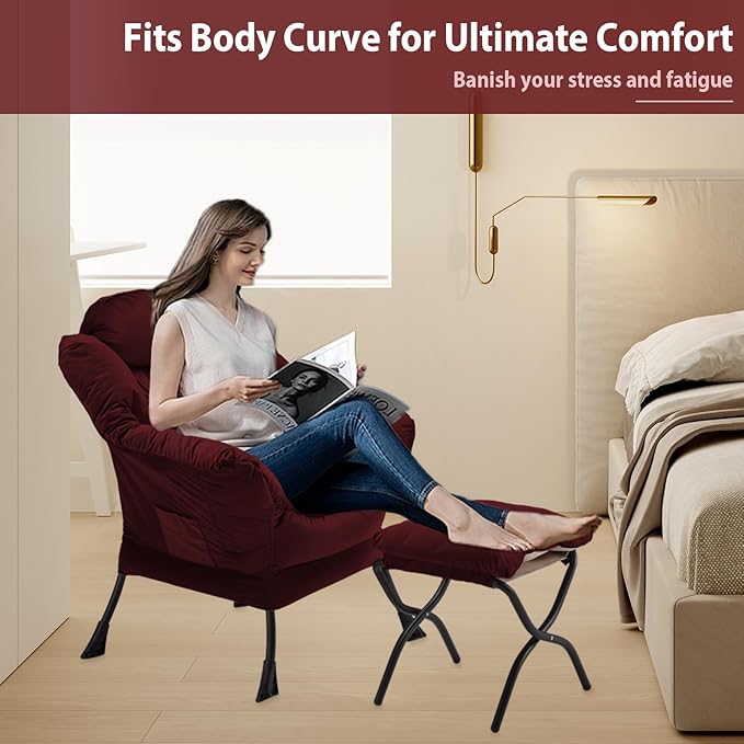 Lazy Chair with Folding Ottoman, Accent Chair Velvet Upholstered with Metal Structure and Non-Slip Pads, Sofa Armchair with Footrest and Side Storage Bag for Dorm, Room, Office, Burgundy - LeafyLoom