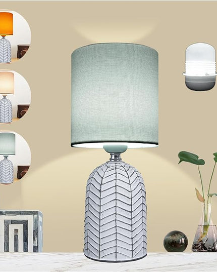 AIDENOEY Small Table Lamp for Bedroom -Bedside Desk Reading Lamps with 3 Way DimmableTouch Control,Nightstand Ceramic Lamp with Fabric Shade for Kids Room,Living Room,Dorm,Home Office(Grey+White) - LeafyLoom
