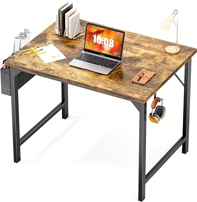JHK Computer Small Desk Office 32 Inch Writing Work Kids Study Simple Wooden Table for Home Bedroom Modern Style with Headphone Hooks & Storage Bag, Rustic Brown - LeafyLoom