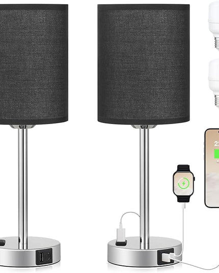 Innqoo Black Touch Bedside Lamps Set of 2-3 Way Dimmable Bedroom Lamps with USB C and A Ports and Outlets, Modern Nightstand Lamp with Silver Base, Small Table Lamps for Boy Nursery - LeafyLoom