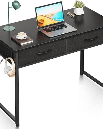 ODK 40 Inch Small Desk with Fabric Drawers- for Bedroom, Black Study Desk with Storage, Home Office Computer Desk for Small Spaces, Modern Work Writing Kids Table, Black - LeafyLoom
