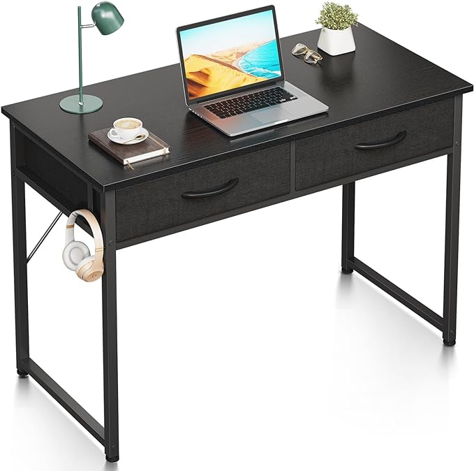 ODK 40 Inch Small Desk with Fabric Drawers- for Bedroom, Black Study Desk with Storage, Home Office Computer Desk for Small Spaces, Modern Work Writing Kids Table, Black - LeafyLoom