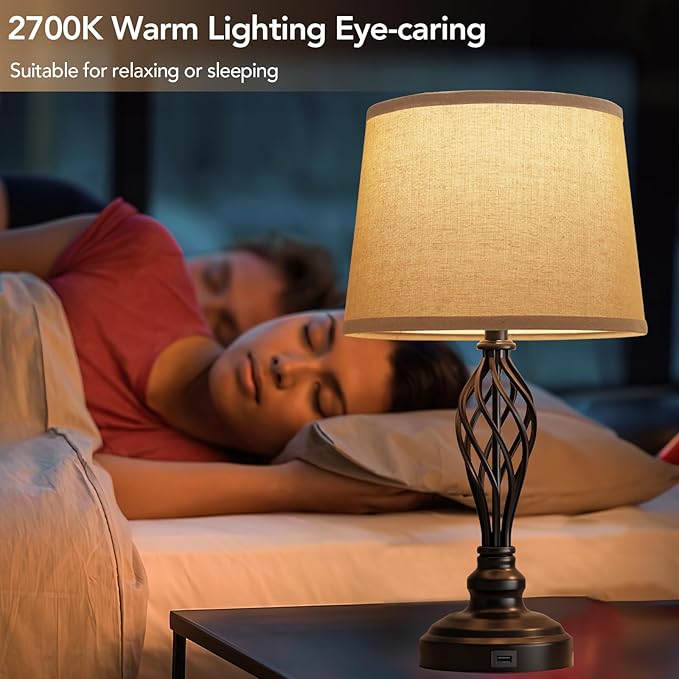 PARTPHONER Set of 2 Table Lamps with USB Port, Farmhouse Bedside Lamps with 3-Color Temperature, Nightstand Lamp Large Cream Drum Shade Spiral Cage Base Desk Lamps for Living Room, Home Bedroom - LeafyLoom