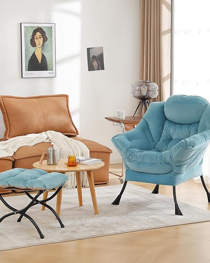 Cozy Lazy Chair and Ottoman, Large Contemporary Accent Lounge Chair Set, Leisure Upholstered Reading Armchair for Bedroom, Living Room, Dorm Rooms, Office - LeafyLoom