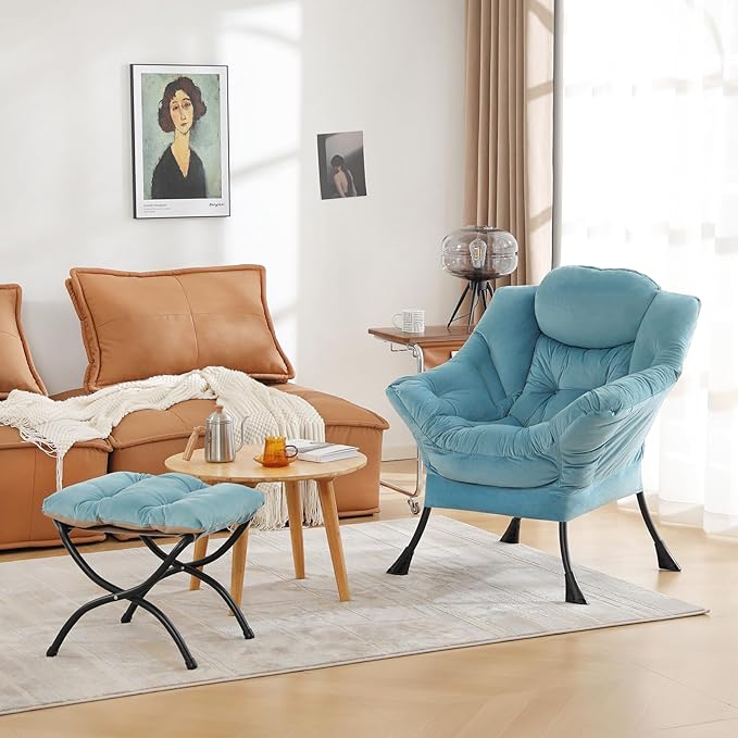 Cozy Lazy Chair and Ottoman, Large Contemporary Accent Lounge Chair Set, Leisure Upholstered Reading Armchair for Bedroom, Living Room, Dorm Rooms, Office - LeafyLoom