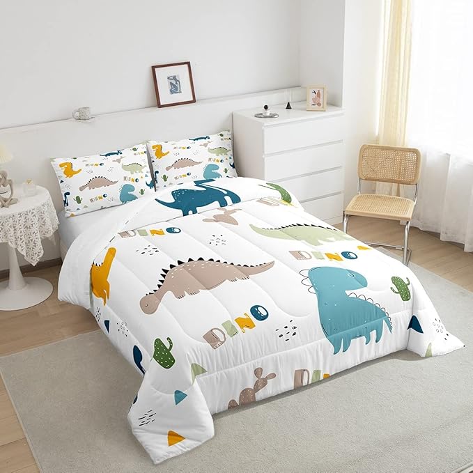 Feelyou Cute Dinosaur Comforter Set Cartoon Cactus Bedding Set Decor Jungle Dino Boho Succulent Comforter Wild Animal Pattern Yellow Grey Duvet Set Bedroom Quilt Set 3Pcs King - LeafyLoom