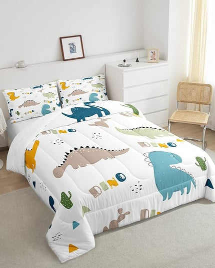 Feelyou Cute Dinosaur Comforter Set Cartoon Cactus Bedding Set Decor Jungle Dino Boho Succulent Comforter Wild Animal Pattern Yellow Grey Duvet Set Bedroom Quilt Set 3Pcs Full - LeafyLoom