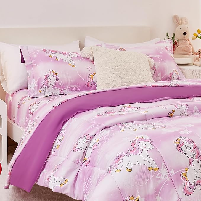 Unicorn Kids Comforter Set for Girls Twin, Cute Reversible Quilted Lavender Printed Bedding Set with Pillow Sham, Lightweight Soft Breathable Machine Washable Bed Set 2 Piece - LeafyLoom