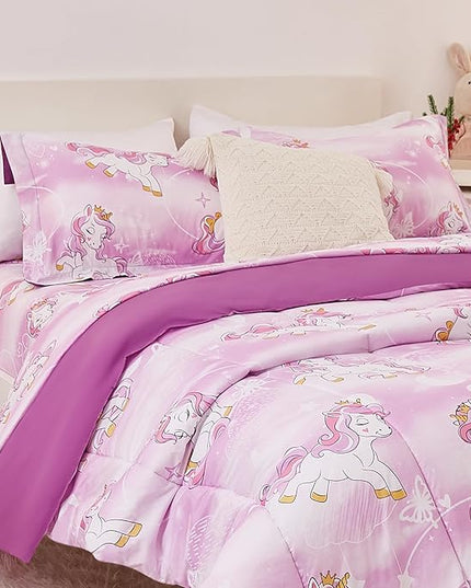 Unicorn Kids Comforter Set for Girls Full Size, Cute Reversible Quilted Lavender Printed Bedding Set with Pillow Sham, Lightweight Soft Breathable Machine Washable Bed Set 3 Piece - LeafyLoom