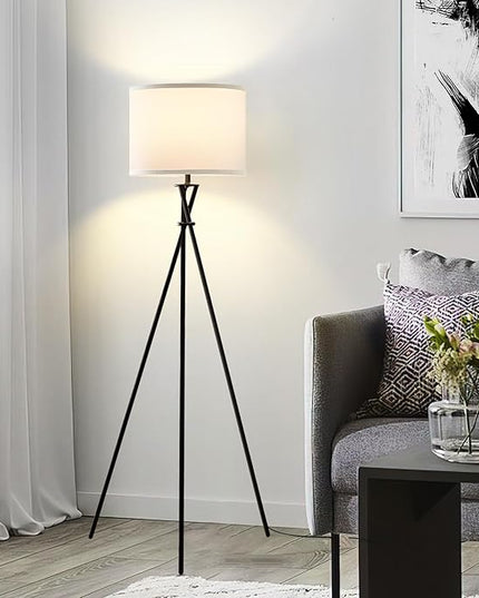 Modern Floor Lamps, 61" Tripod Floor Lamp, Mid Century Lamp with Simple Design, Lamps for Living Room, Bedroom, Office,Tall Standing Lamp with Rocker Swtich, Black White- without Bulb - LeafyLoom