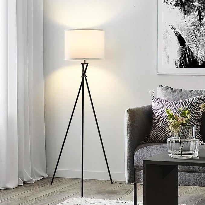 Modern Floor Lamps, 61" Tripod Floor Lamp, Mid Century Lamp with Simple Design, Lamps for Living Room, Bedroom, Office,Tall Standing Lamp with Rocker Swtich, Black White- without Bulb - LeafyLoom