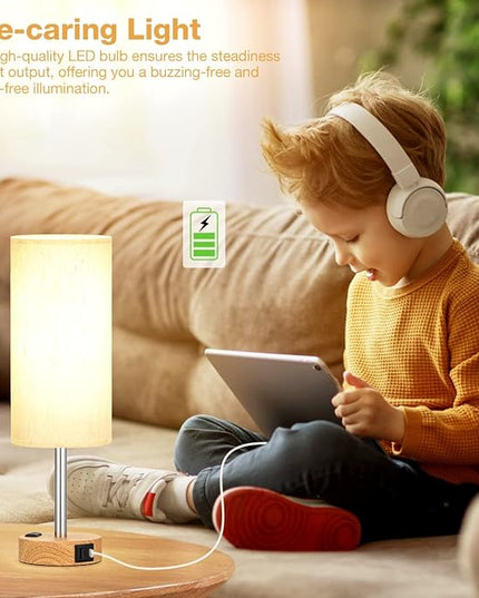 Bedside Table Lamp for Bedroom - 3 Way Dimmable Touch Lamp USB C Charging Ports and AC Outlet, Small Lamp Wood Base Round Flaxen Fabric Shade for Living Room, Desk, LED Bulb Included - LeafyLoom
