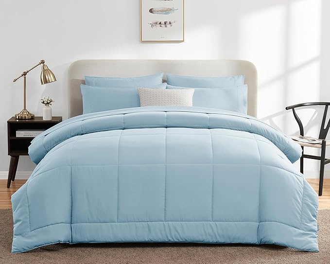 CozyLux Full Size Comforter Sets - 7 Pieces Bed in a Bag Set Light Blue, Bedding Sets Full with All Season Quilted Comforter, Flat Sheet, Fitted Sheet, Pillowcases, Light Blue, Full - LeafyLoom