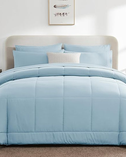 CozyLux Queen Size Comforter Sets - 7 Pieces Bed in a Bag Set Light Blue, Bedding Sets Queen with All Season Quilted Comforter, Flat Sheet, Fitted Sheet, Pillowcases, Light Blue, Queen - LeafyLoom