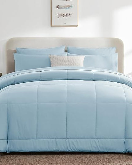 CozyLux King Size Comforter Sets - 7 Pieces Bed in a Bag Set Light Blue, Bedding Sets King with All Season Quilted Comforter, Flat Sheet, Fitted Sheet, Pillowcases, Light Blue, King - LeafyLoom