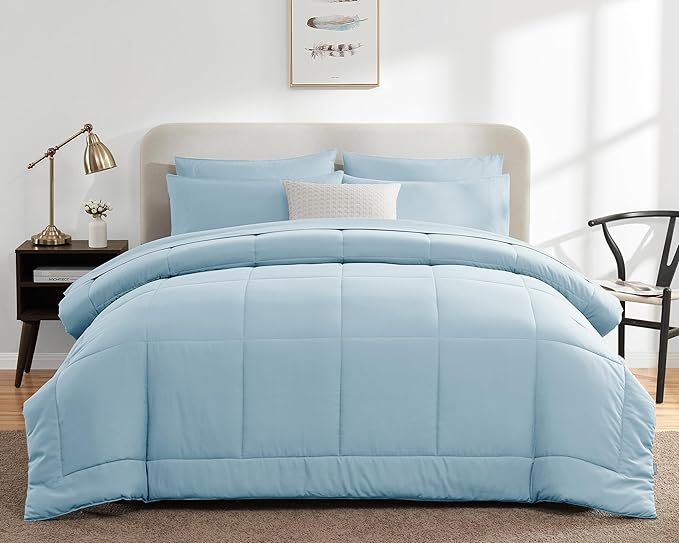 CozyLux King Size Comforter Sets - 7 Pieces Bed in a Bag Set Light Blue, Bedding Sets King with All Season Quilted Comforter, Flat Sheet, Fitted Sheet, Pillowcases, Light Blue, King - LeafyLoom