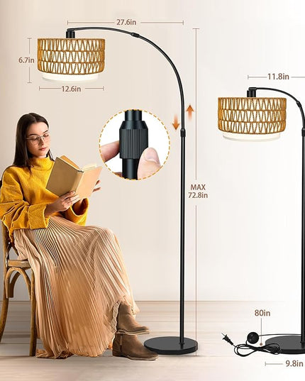 Arc Floor Lamp for Living Room with 3 Color Temperatures, Farmhouse Standing Lamps with Remote & Dimmable Bulb, Rattan Boho Floor Lamp with Fabric Shades, Adjustable Tall Lamp for Bedroom Office - LeafyLoom