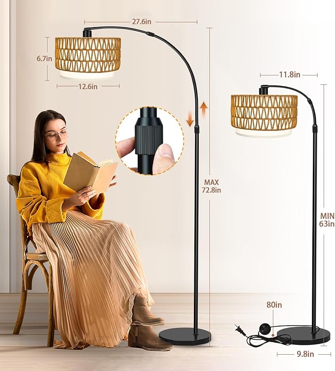 Arc Floor Lamp for Living Room with 3 Color Temperatures, Farmhouse Standing Lamps with Remote & Dimmable Bulb, Rattan Boho Floor Lamp with Fabric Shades, Adjustable Tall Lamp for Bedroom Office - LeafyLoom