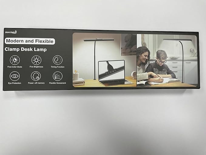 LED Desk Lamp for Home Office - 12W Desk Light Bar with Charger, 25 Lighting Modes, Eye-Caring Modern Flexible Gooseneck Clip Table Lamps for Monitor Study Office Workbench - LeafyLoom