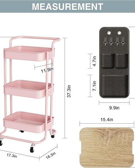 DTK 3 Tier Metal Utility Rolling Cart with Table Top and Side Bags, Metal Tray Storage Organizer Cart with Wheels, Art Craft Cart with 4 Hooks for Kitchen Bathroom Office Living Room (Pink) - LeafyLoom