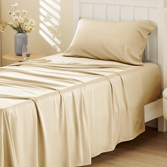 Bedsure Twin Sheets Set, Cooling Sheets Twin Size Bed Set, Rayon Derived from Bamboo, Twin Size Sheets, Breathable & Soft Bed Sheets, Hotel Luxury Silky Bedding Sheets & Pillowcases, Alabaster Gleam - LeafyLoom