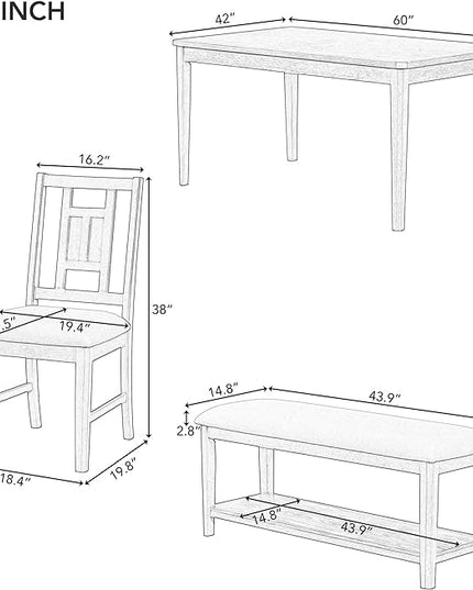 6-Piece Retro Dining Set, Minimalist Rectangular Table and 4 Upholstered Chairs & 1 Bench with a Shelf for Kitchen Living Room, Natural Wood Wash, 60" L x 43" W x 30" H - LeafyLoom