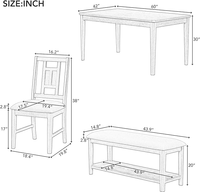 6-Piece Wooden Minimalist Dining Table Set with 4 Upholstered Chairs & 1 Bench with a Shelf for Kitchen Room Furniture, Natural Wood Wash, 60" L x 43" W x 30" H - LeafyLoom