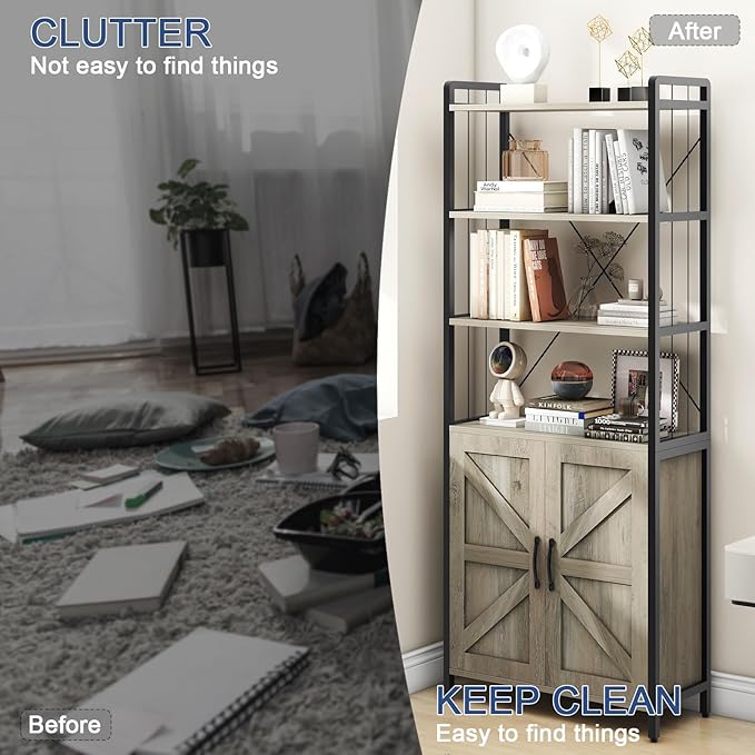 𝐇𝐚𝐥𝐢𝐭𝐚𝐚 Bookshelf and Bookcases with Doors Gray 6 Shelf Display Storage Shelves Tall Bookshelf Versatile Organizer Storage Cabinet Home Decor Furniture for Home Office, Study, Living Room - LeafyLoom