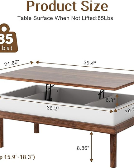 Shintenchi Coffee Table, Lift Top Coffee Table with Hidden Compartment, Rising Tabletop Dining Table, Lift Top Coffee Center Table for for Living Room, Office, Home (Walnut) - LeafyLoom