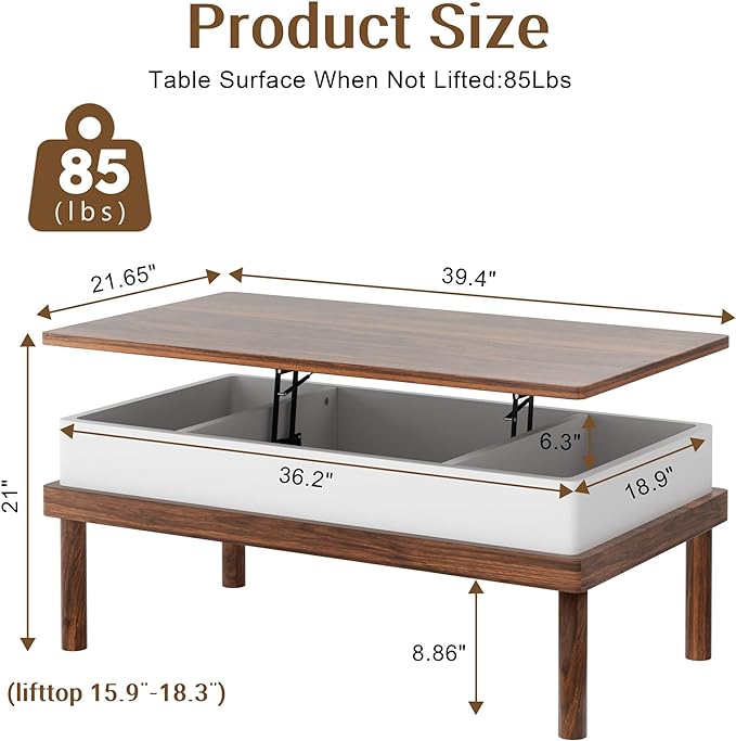 Shintenchi Coffee Table, Lift Top Coffee Table with Hidden Compartment, Rising Tabletop Dining Table, Lift Top Coffee Center Table for for Living Room, Office, Home (Walnut) - LeafyLoom