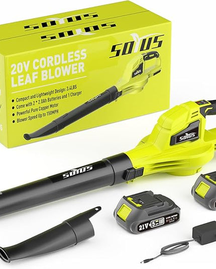 SOYUS Leaf Blower, 20V Leaf Blower Cordless with 2x2.0Ah Battery and Charger, 150 MPH Electric Leaf Blower with Two-Speed Mode, Blowers for Lawn Care, Debris Dust Cleaning(Green) - LeafyLoom