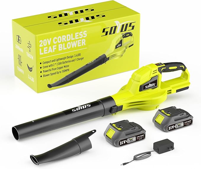 SOYUS Leaf Blower, 20V Leaf Blower Cordless with 2x2.0Ah Battery and Charger, 150 MPH Electric Leaf Blower with Two-Speed Mode, Blowers for Lawn Care, Debris Dust Cleaning(Green) - LeafyLoom
