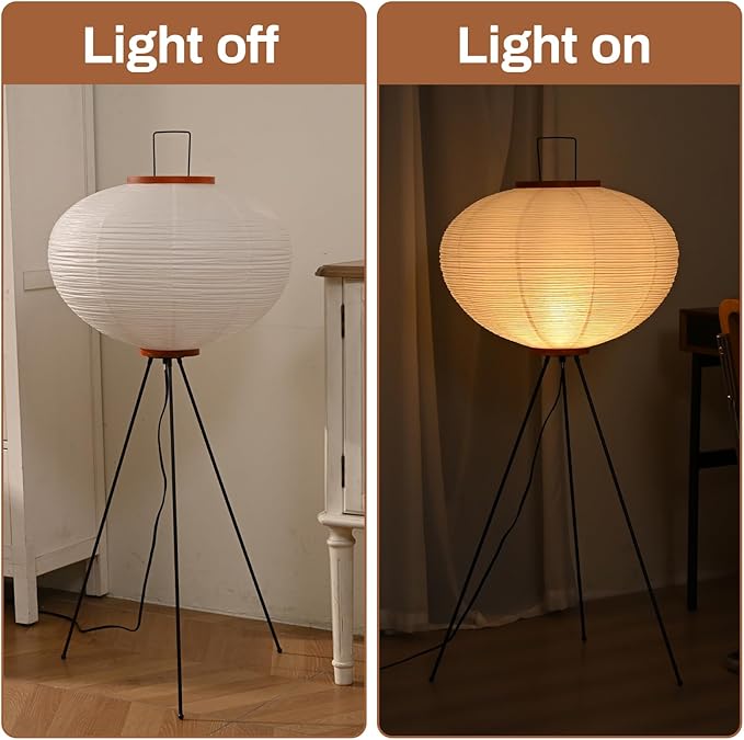 Huga Collective Serenity Glow Akari Paper Lamp | Rice Paper Noguchi Inspired Paper Lantern Floor Lamp for Wabi Sabi Decor | Japanese Rice Paper Floor Lamp - LeafyLoom