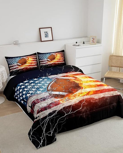 Boys American Football Comforter Set, United States Flag Down Comforter King Size, Soccer Sports Games Bedding Set for Kids Teens Adult Men, Geometric Stripes Retro Duvet Sets, Blue White and Red - LeafyLoom