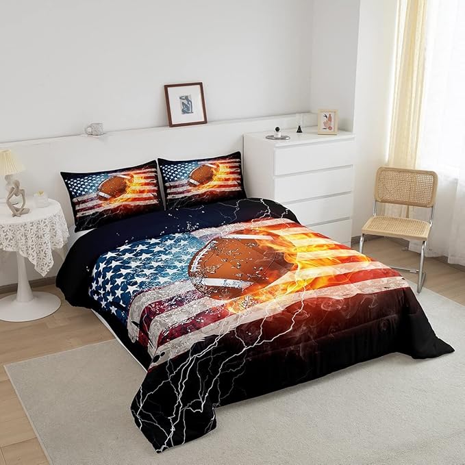 Boys American Football Comforter Set, United States Flag Down Comforter King Size, Soccer Sports Games Bedding Set for Kids Teens Adult Men, Geometric Stripes Retro Duvet Sets, Blue White and Red - LeafyLoom