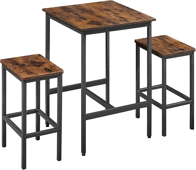 NicBex Small Dining Table for 2 Kitchen Tables and Chairs Bar Table Set, Square Bar Table with 2 Bar Chairs for Kitchen Breakfast Table, Bar, Banquet Hall, Space Saving, Rustic Brown - LeafyLoom