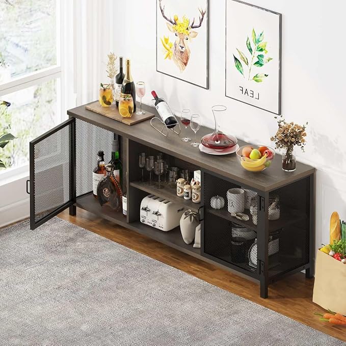 FATORRI Industrial Entertainment Center for TVs up to 65 Inch, Rustic Wood TV Stand, Large TV Console and TV Cabinet for Living Room (60 Inch Wide, Walnut Brown) - LeafyLoom