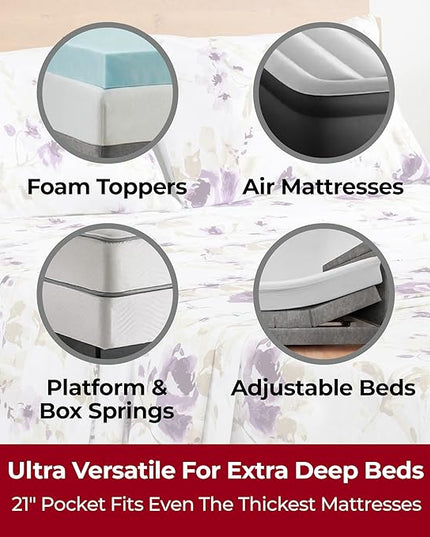 Mellanni Extra Deep King Sheets - 4 PC Iconic Collection Bedding Sheets & Pillowcases - Hotel Luxury, Ultra Soft, Cooling Bed Sheets - Extra Deep Pocket up to 21 inch (King, Madison Purple) - LeafyLoom