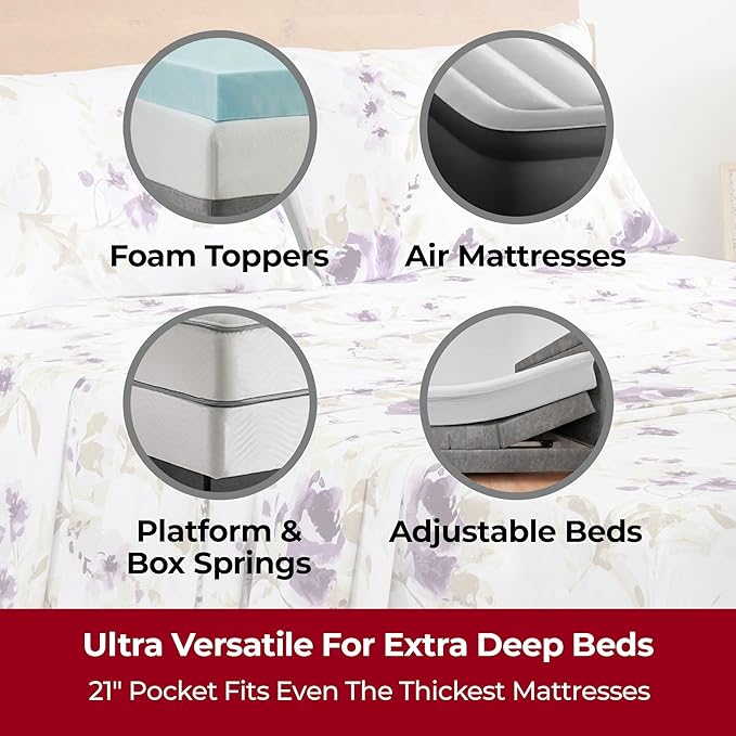 Mellanni Extra Deep King Sheets - 4 PC Iconic Collection Bedding Sheets & Pillowcases - Hotel Luxury, Ultra Soft, Cooling Bed Sheets - Extra Deep Pocket up to 21 inch (King, Madison Purple) - LeafyLoom