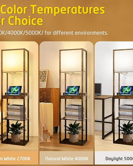 Floor Lamp with Shelves Plus, 4-Tier Wireless Charger Floor Lamp for Living Room Bedroom, USB and Type C Charging Ports 2 AC Power Outlets, 3CCT Color Selectable 15W Bulb(Brown). - LeafyLoom
