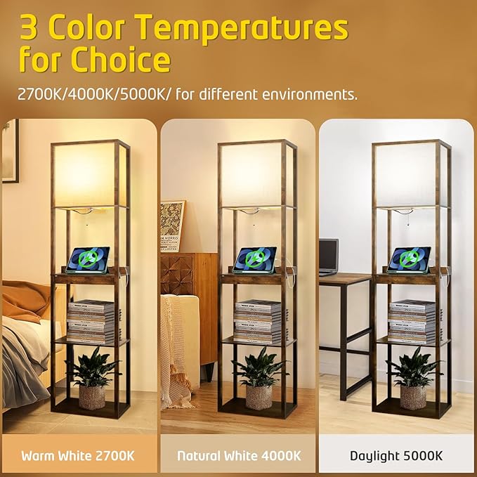 Floor Lamp with Shelves Plus, 4-Tier Wireless Charger Floor Lamp for Living Room Bedroom, USB and Type C Charging Ports 2 AC Power Outlets, 3CCT Color Selectable 15W Bulb(Brown). - LeafyLoom