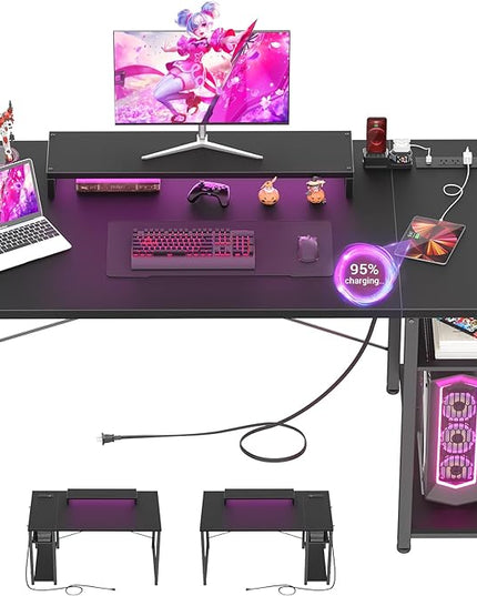 armocity Computer Desk with LED Lights, Gaming Desk with Power Outlet and USB, 40 Reversible Laptop Table with Moveable Monitor Stand, Small Desk for Small Spaces, Office, Gaming Room, Black - LeafyLoom