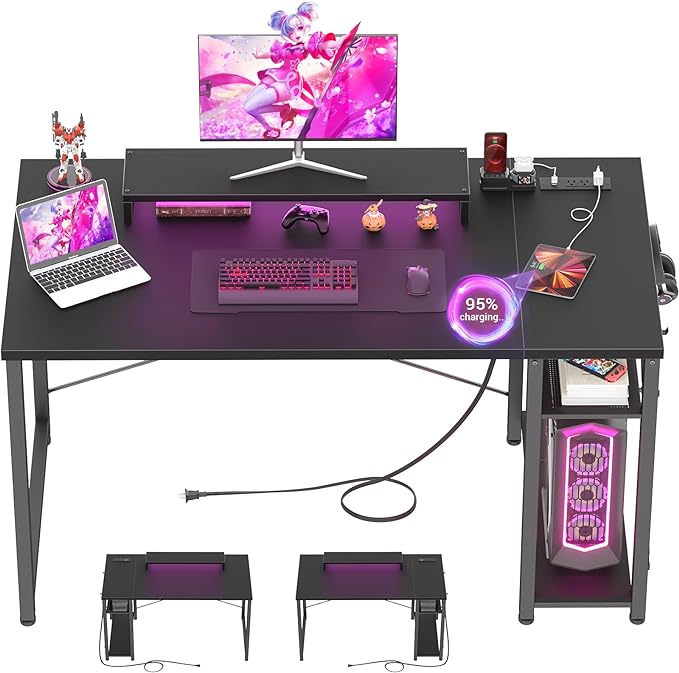 armocity Computer Desk with LED Lights, Gaming Desk with Power Outlet and USB, 40 Reversible Laptop Table with Moveable Monitor Stand, Small Desk for Small Spaces, Office, Gaming Room, Black - LeafyLoom