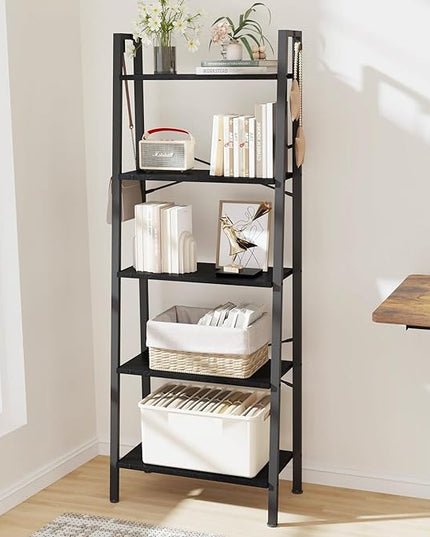 Ladder Shelf, Bookshelf Bookcase, Freestanding Corner Storage Shelve with 2 Hooks for Home Office, Living Room, Kitchen, Bedroom, Industrial, 5-Tier Black BC19304B - LeafyLoom
