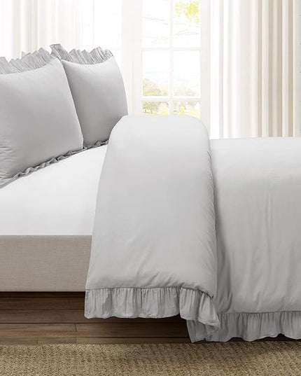 Lush Decor Reyna Ruffle 100% Cotton Duvet Cover Set - 3 Piece Cozy Ruffled Bedding Set - Timeless Elegance and Comfort - King, Light Gray - LeafyLoom