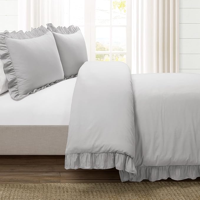 Lush Decor Reyna Ruffle 100% Cotton Duvet Cover Set - 3 Piece Cozy Ruffled Bedding Set - Timeless Elegance and Comfort - King, Light Gray - LeafyLoom