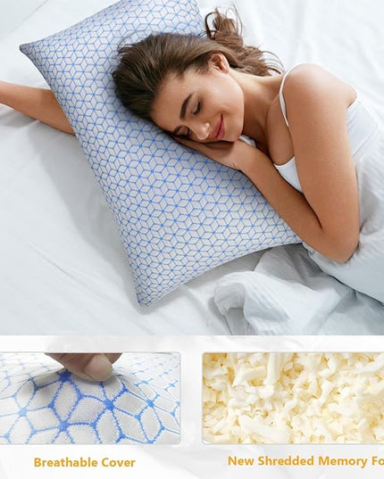 Bed Pillow Queen Size 1 Pack, Shredded Memory Foam Pillow Adjustable，Cooling Pillow Soft and Supportive for Side Back Stomach Sleepers - LeafyLoom